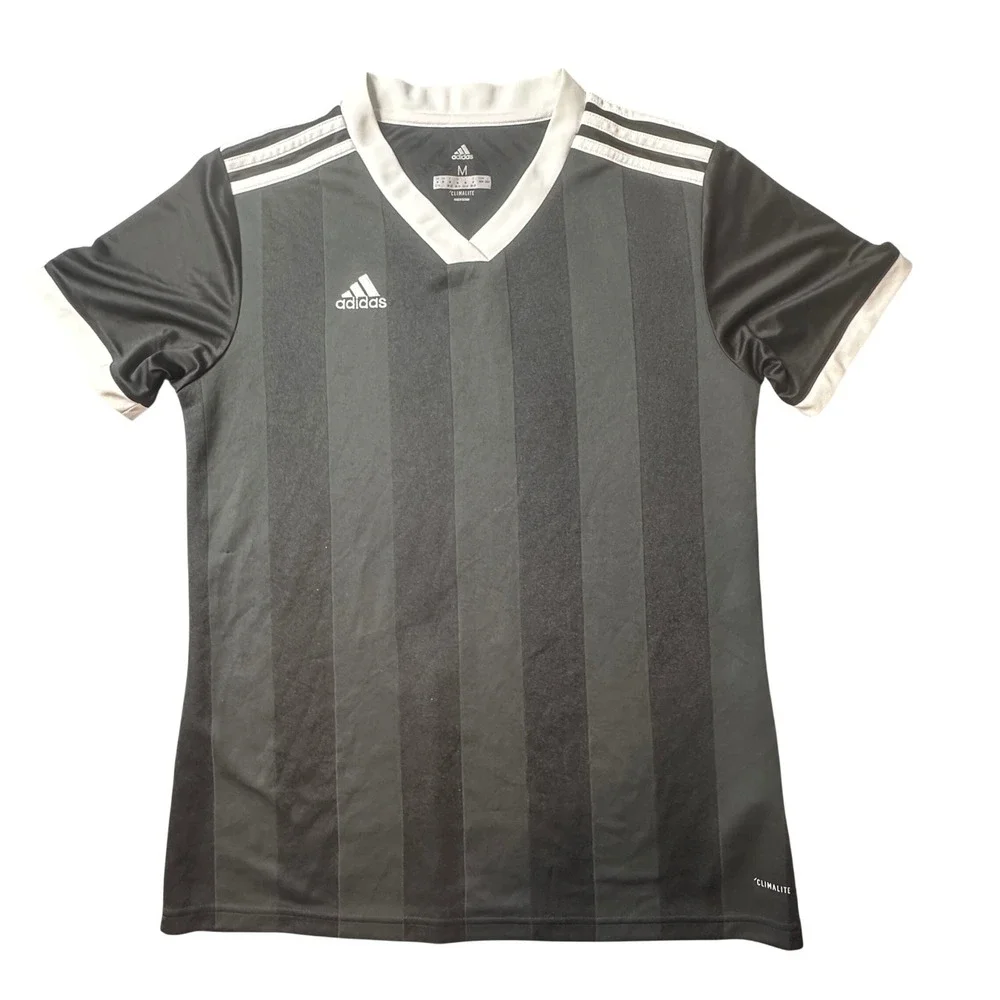 Adidas Soccer Jersey Mens M Black Climalite Striped V-Neck Athletic DY0094